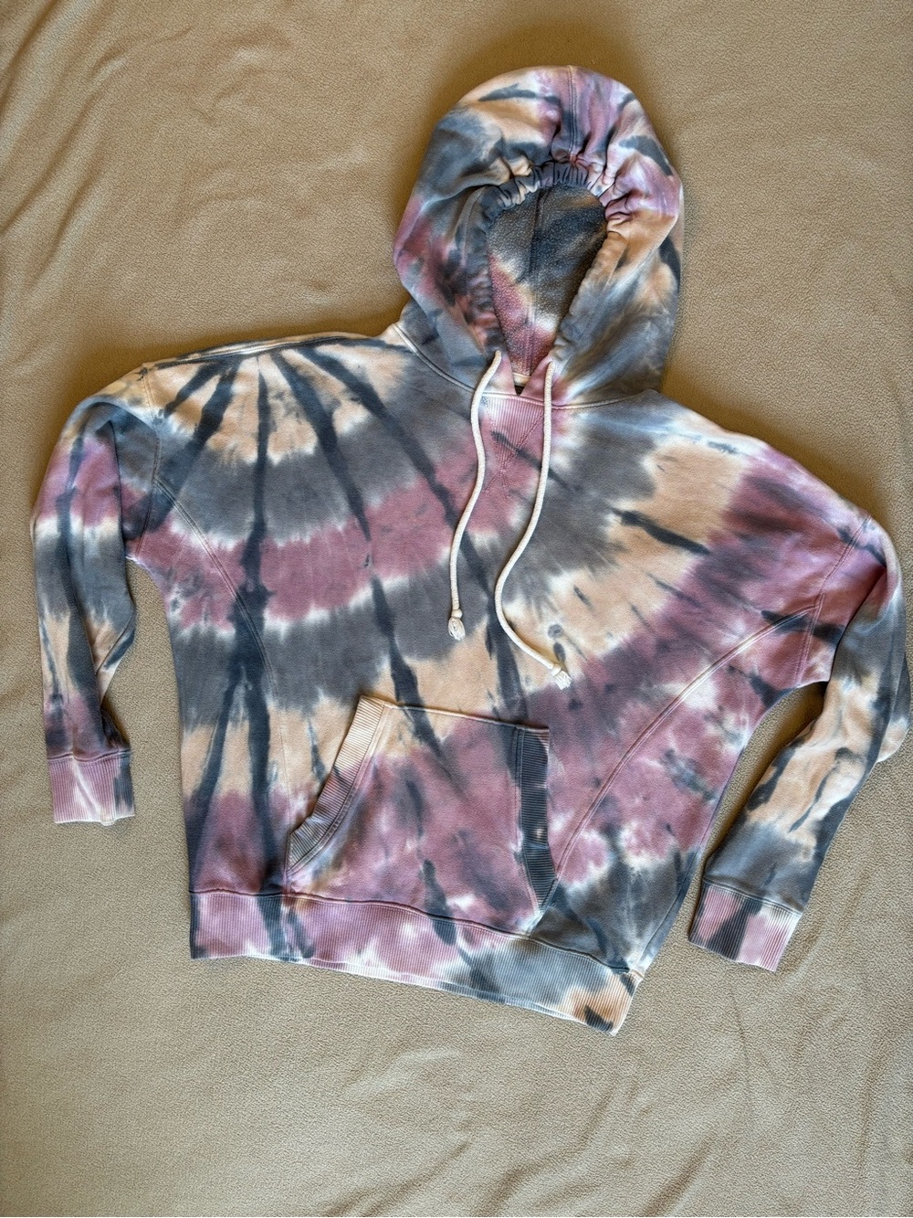 Lucky Brand Tie-Dye Hooded Oversized Sweatshirt in Mauve, Gray & Cream